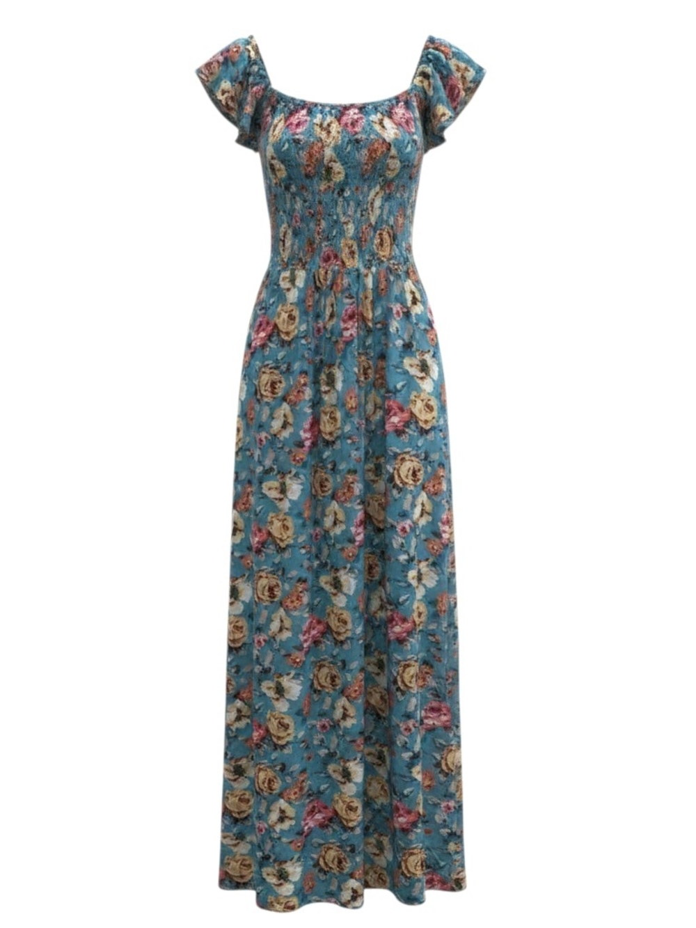 As U Wish Blue Floral Smocked Maxi with Flutter Sleeves